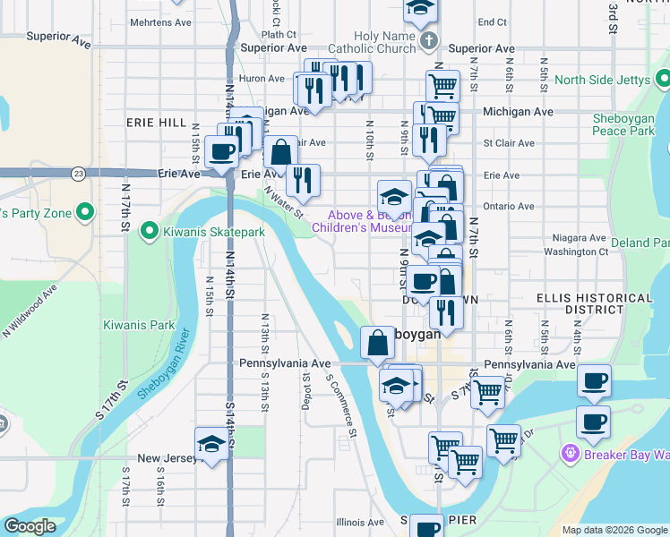 map of restaurants, bars, coffee shops, grocery stores, and more near 1099 Wisconsin Avenue in Sheboygan