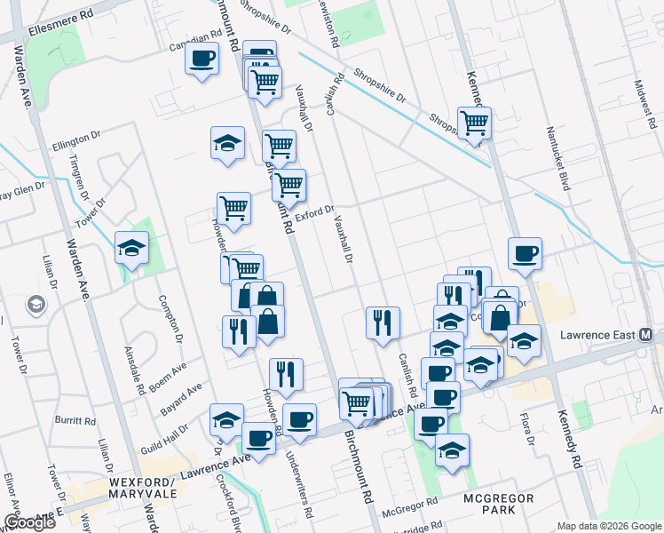 map of restaurants, bars, coffee shops, grocery stores, and more near in Toronto