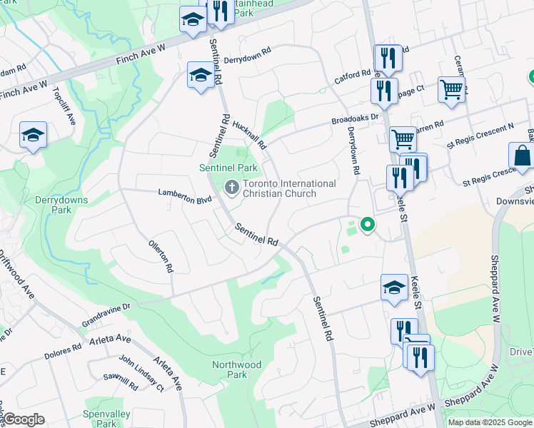 map of restaurants, bars, coffee shops, grocery stores, and more near in Toronto