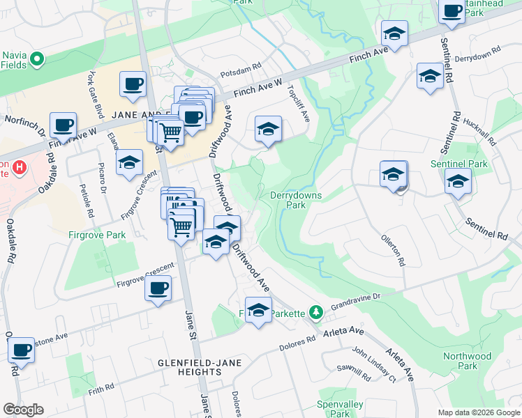 map of restaurants, bars, coffee shops, grocery stores, and more near 19 London Green Court in Toronto
