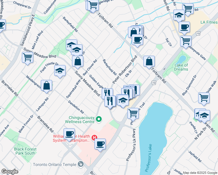 map of restaurants, bars, coffee shops, grocery stores, and more near 7 Great Plains Street in Brampton
