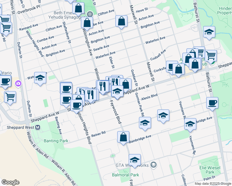 map of restaurants, bars, coffee shops, grocery stores, and more near 824 Sheppard Avenue West in Toronto