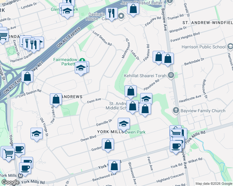 map of restaurants, bars, coffee shops, grocery stores, and more near 34 Medalist Road in Toronto