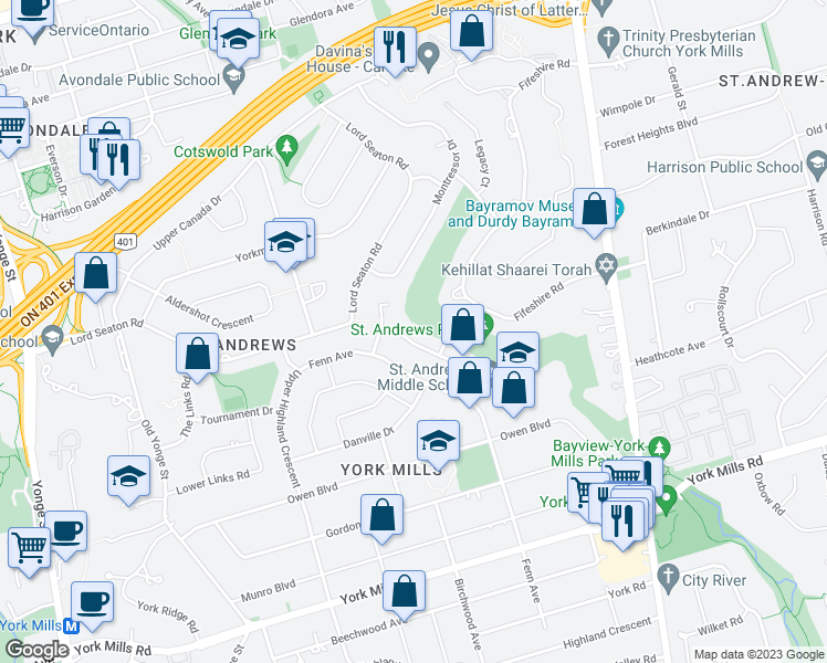 map of restaurants, bars, coffee shops, grocery stores, and more near 34 Medalist Road in Toronto