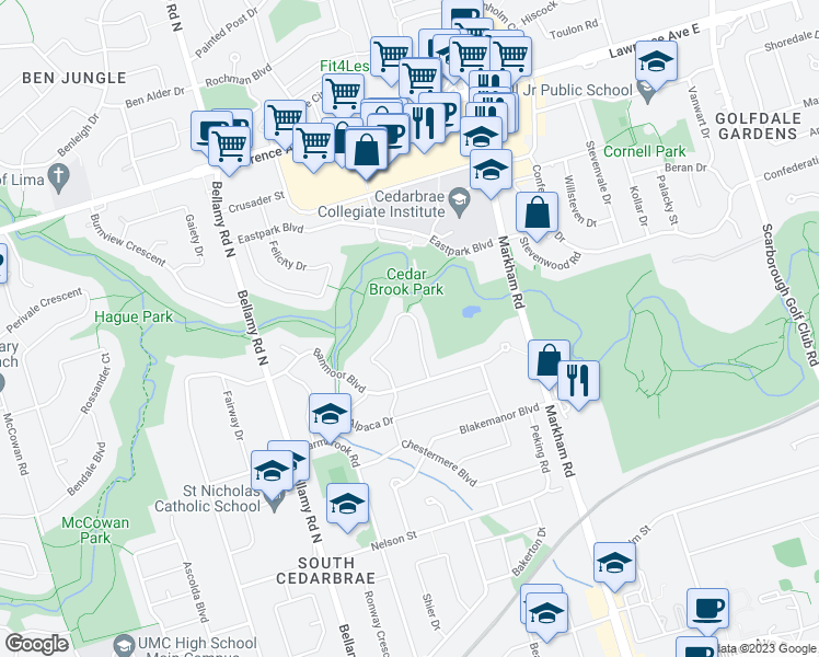 map of restaurants, bars, coffee shops, grocery stores, and more near 45 Landfair Crescent in Toronto