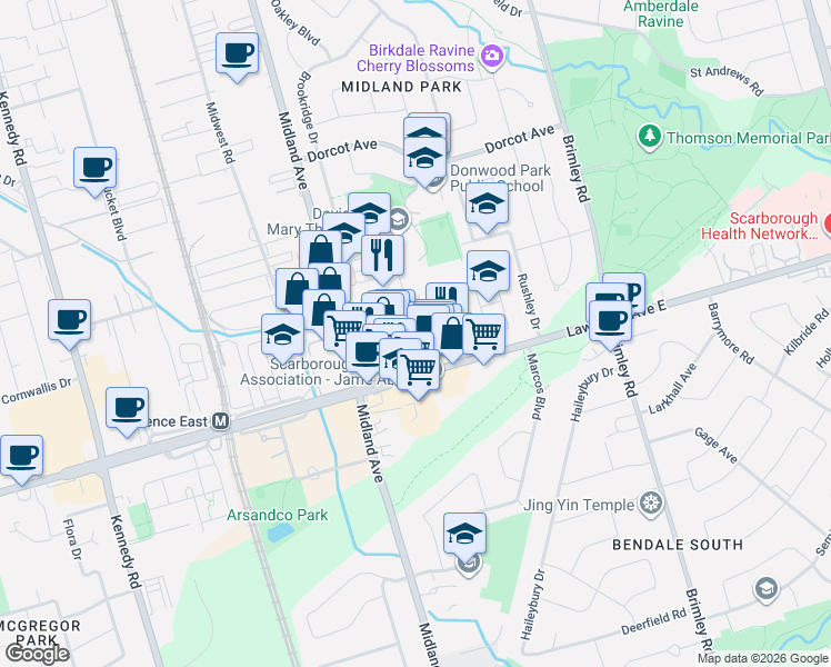map of restaurants, bars, coffee shops, grocery stores, and more near 168 Brockley Drive in Toronto