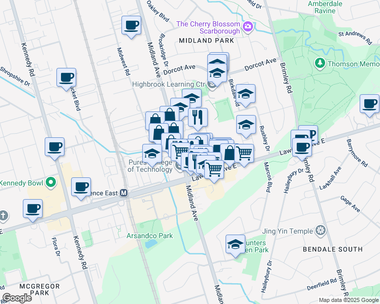 map of restaurants, bars, coffee shops, grocery stores, and more near in Toronto