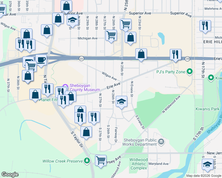 map of restaurants, bars, coffee shops, grocery stores, and more near in Sheboygan