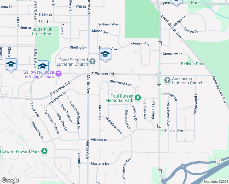 map of restaurants, bars, coffee shops, grocery stores, and more near 513 Windsor Court in Fond du Lac