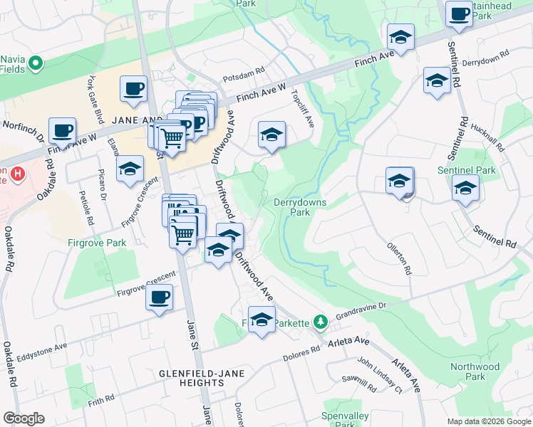 map of restaurants, bars, coffee shops, grocery stores, and more near 19 London Green Court in Toronto