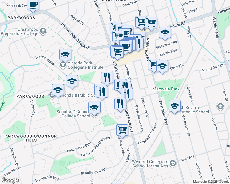 map of restaurants, bars, coffee shops, grocery stores, and more near 275 Cassandra Boulevard in Toronto