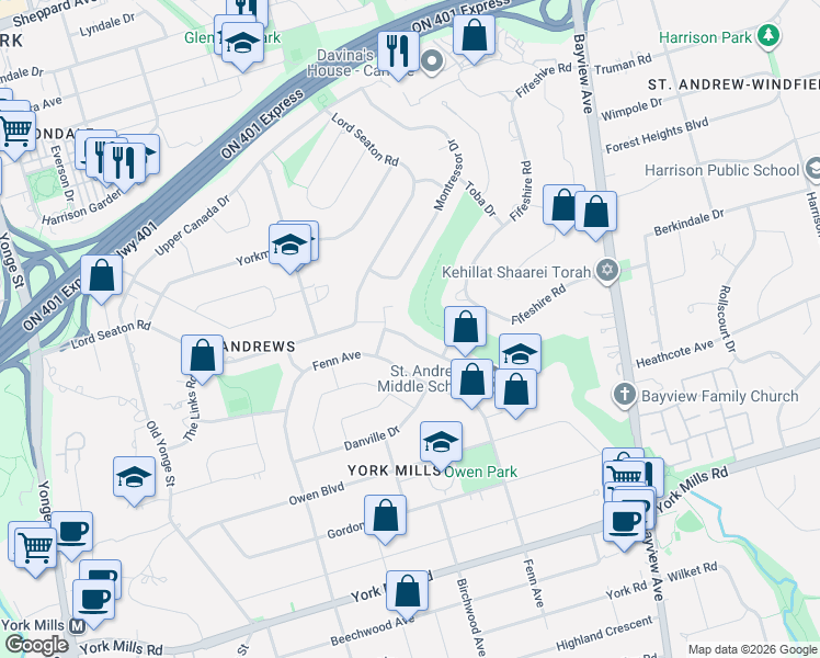 map of restaurants, bars, coffee shops, grocery stores, and more near in Toronto