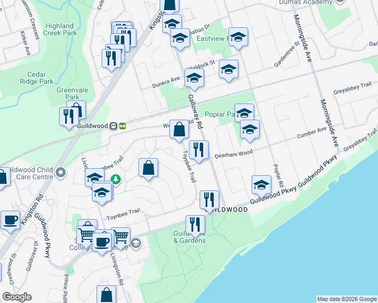 map of restaurants, bars, coffee shops, grocery stores, and more near 123 Toynbee Trail in Toronto