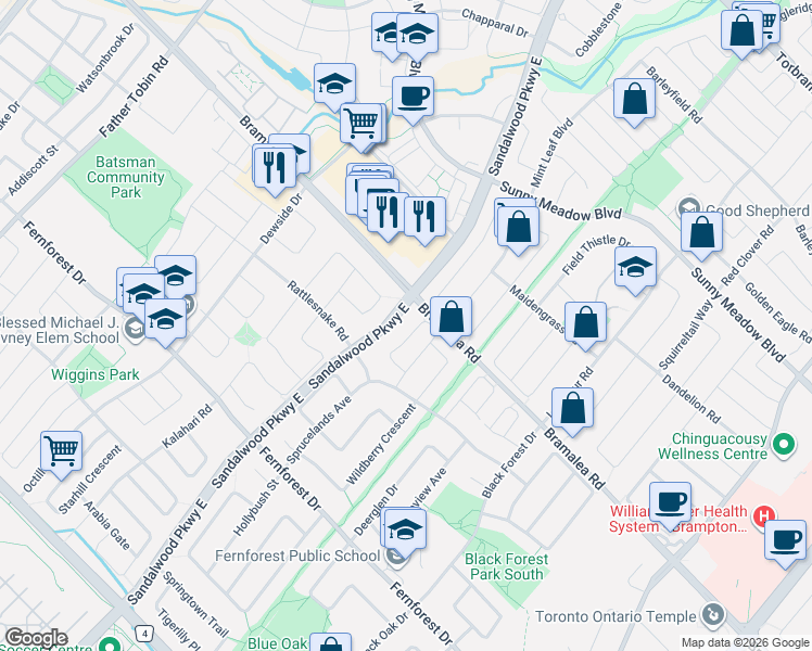 map of restaurants, bars, coffee shops, grocery stores, and more near 81 Shady Pine Circle in Brampton