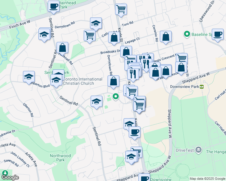 map of restaurants, bars, coffee shops, grocery stores, and more near 80 Grandravine Drive in Toronto
