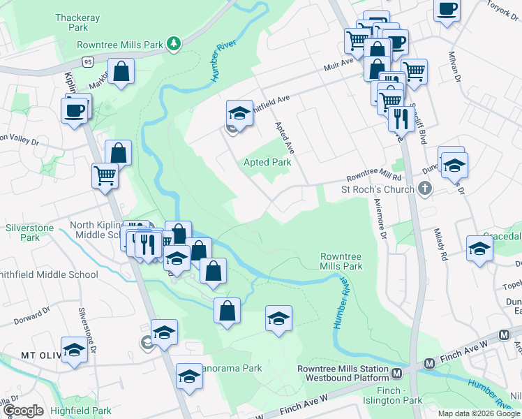 map of restaurants, bars, coffee shops, grocery stores, and more near 120 Rowntree Mill Road in Toronto