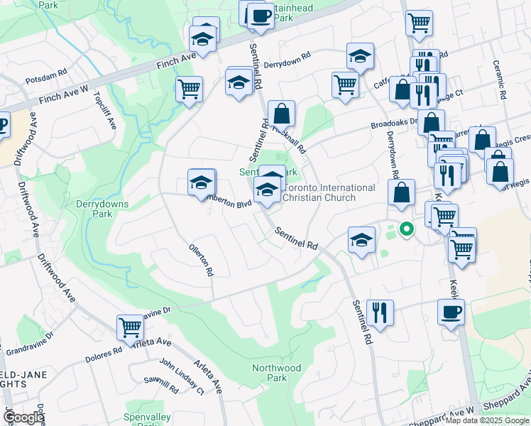 map of restaurants, bars, coffee shops, grocery stores, and more near 170 Sentinel Road in Toronto