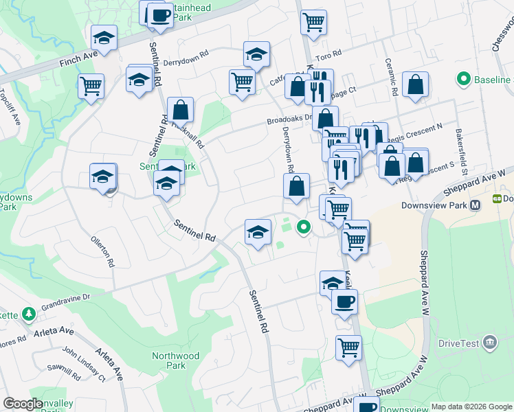 map of restaurants, bars, coffee shops, grocery stores, and more near 31 Frankton Crescent in Toronto