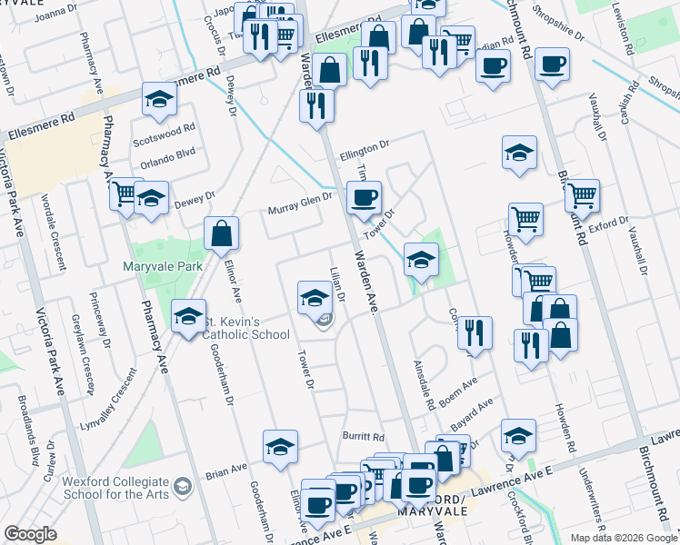 map of restaurants, bars, coffee shops, grocery stores, and more near 147 Lilian Drive in Toronto