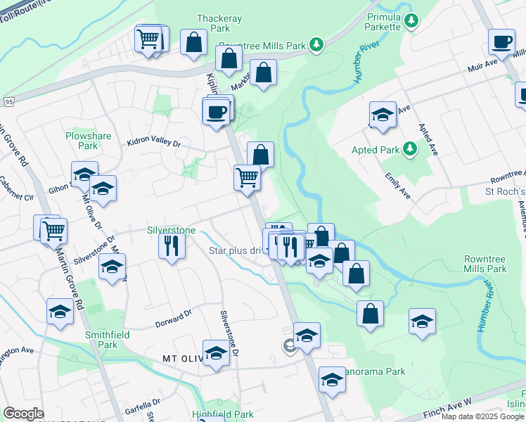map of restaurants, bars, coffee shops, grocery stores, and more near 2 Beaconhill Road in Toronto
