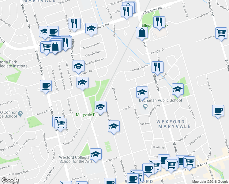 map of restaurants, bars, coffee shops, grocery stores, and more near 135 Elinor Avenue in Toronto