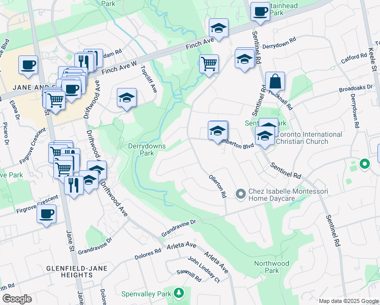 map of restaurants, bars, coffee shops, grocery stores, and more near 305 Derrydown Road in Toronto