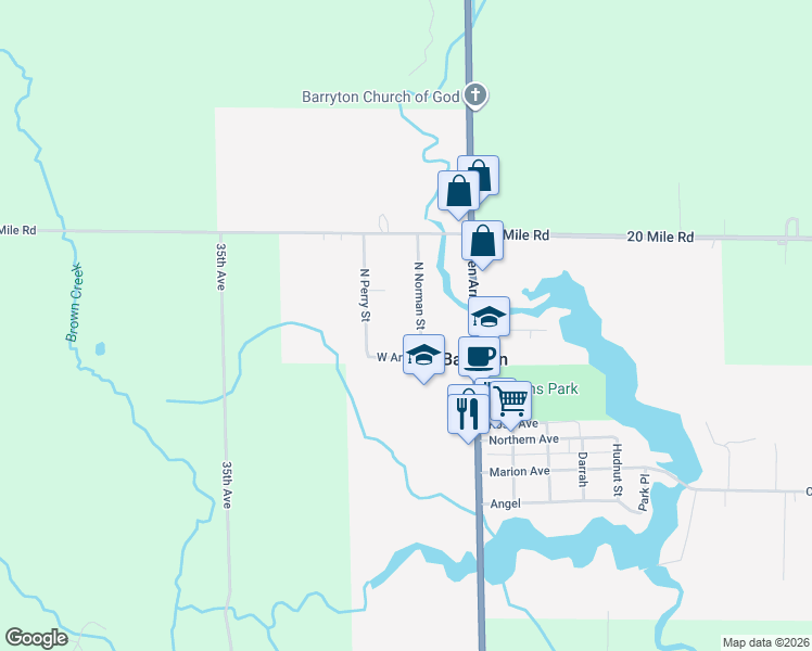 map of restaurants, bars, coffee shops, grocery stores, and more near 317 North Norman Street in Barryton