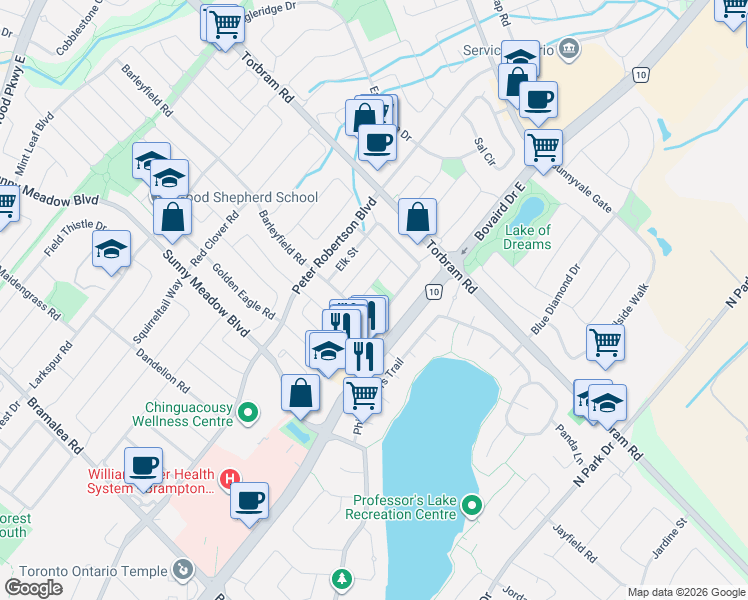 map of restaurants, bars, coffee shops, grocery stores, and more near 128 Clover Bloom Road in Brampton
