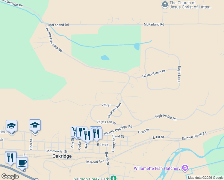 map of restaurants, bars, coffee shops, grocery stores, and more near 48395 Roberts Road in Oakridge