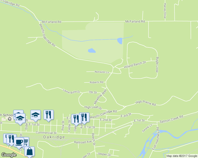 map of restaurants, bars, coffee shops, grocery stores, and more near 48395 Roberts Road in Oakridge