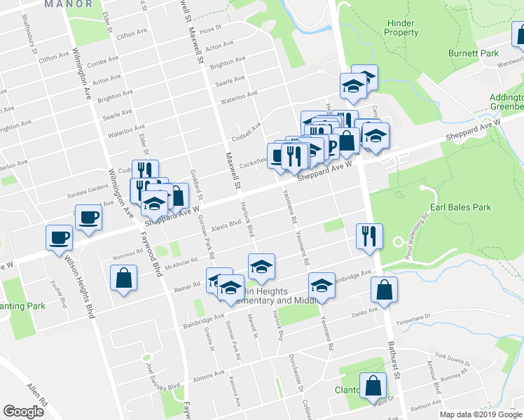 map of restaurants, bars, coffee shops, grocery stores, and more near 88 Alexis Boulevard in Toronto