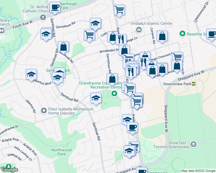 map of restaurants, bars, coffee shops, grocery stores, and more near 3 Derrydown Road in Toronto