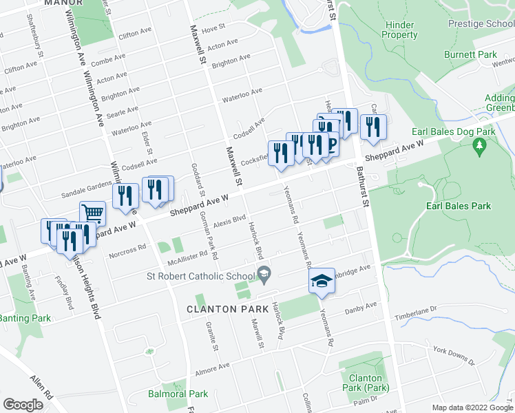 map of restaurants, bars, coffee shops, grocery stores, and more near 92 Alexis Boulevard in Toronto