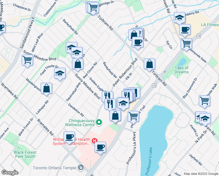 map of restaurants, bars, coffee shops, grocery stores, and more near 7 Great Plains Street in Brampton
