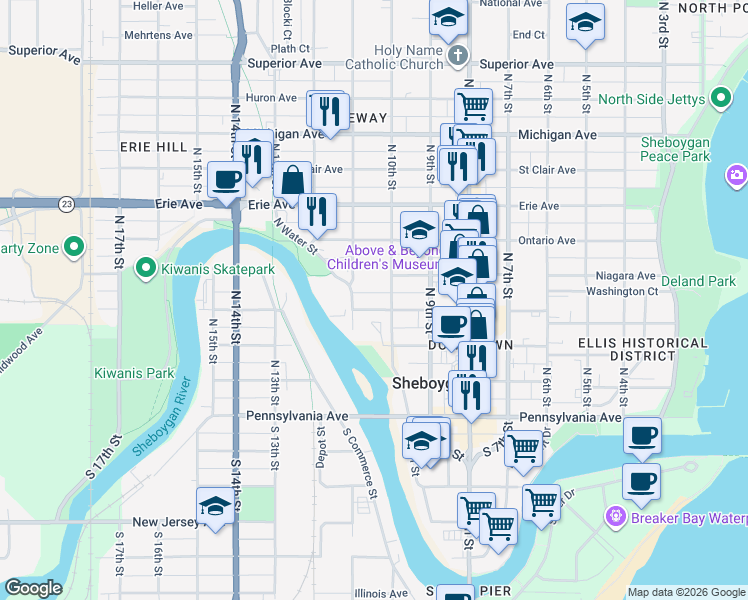 map of restaurants, bars, coffee shops, grocery stores, and more near 1018 Wisconsin Avenue in Sheboygan
