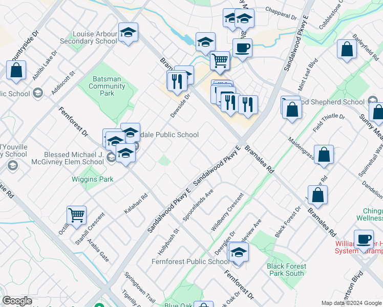 map of restaurants, bars, coffee shops, grocery stores, and more near 158 Sahara Trail in Brampton