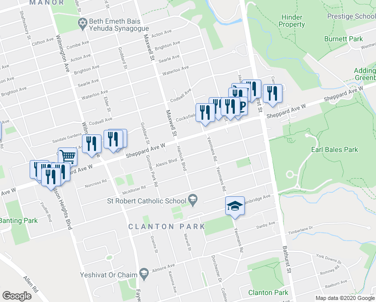 map of restaurants, bars, coffee shops, grocery stores, and more near in Toronto