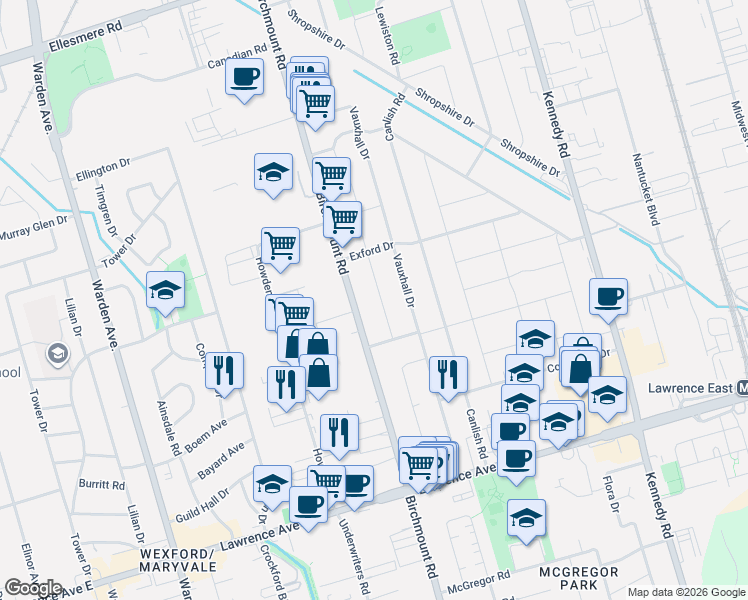 map of restaurants, bars, coffee shops, grocery stores, and more near in Toronto