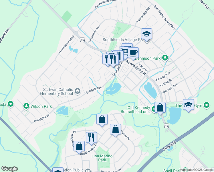 map of restaurants, bars, coffee shops, grocery stores, and more near 434 Dougall Avenue in Regional Municipality of Peel