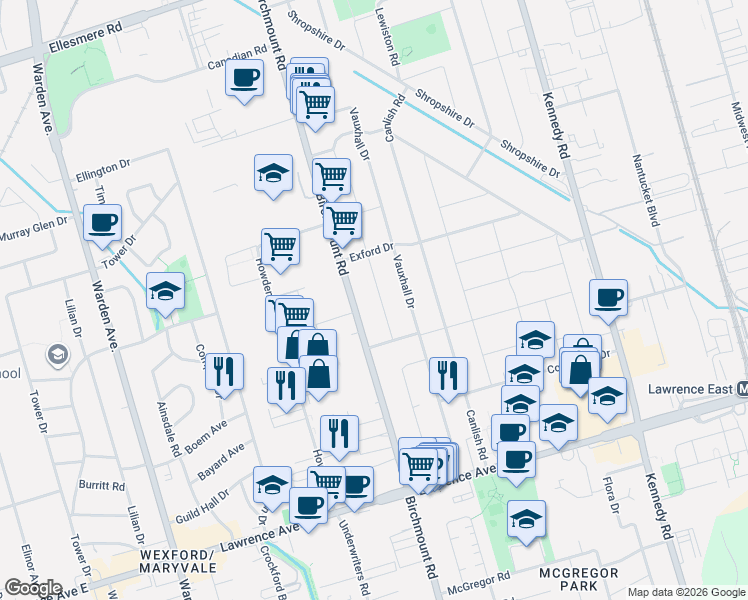 map of restaurants, bars, coffee shops, grocery stores, and more near 18 Bergen Road in Toronto