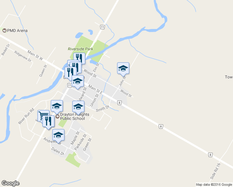 map of restaurants, bars, coffee shops, grocery stores, and more near 11 John Street in Drayton