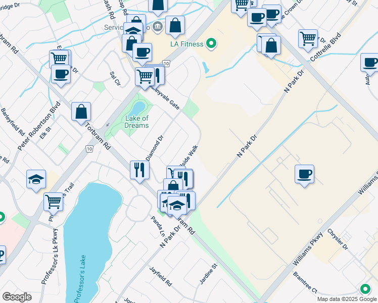 map of restaurants, bars, coffee shops, grocery stores, and more near 61 Trailside Walk in Brampton