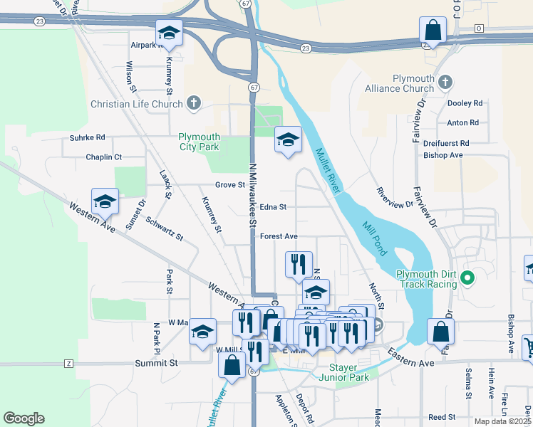 map of restaurants, bars, coffee shops, grocery stores, and more near 537 North Milwaukee Street in Plymouth