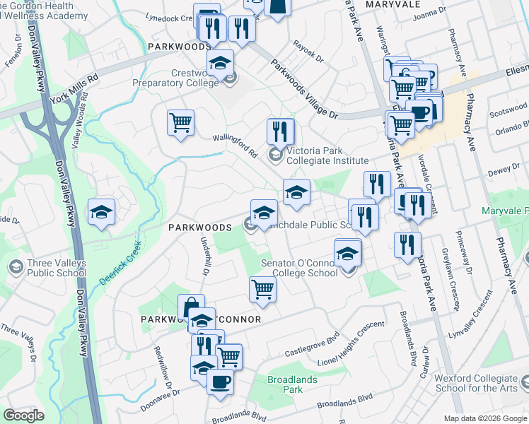 map of restaurants, bars, coffee shops, grocery stores, and more near 187 Cassandra Boulevard in Toronto