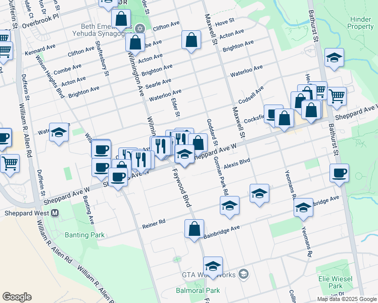 map of restaurants, bars, coffee shops, grocery stores, and more near 6 Blairville Road in Toronto