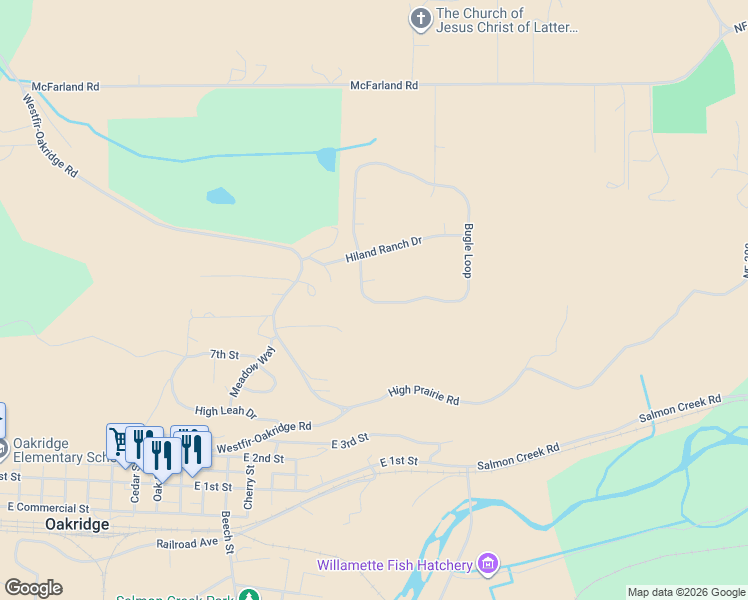 map of restaurants, bars, coffee shops, grocery stores, and more near 76697 Bugle Loop in Oakridge