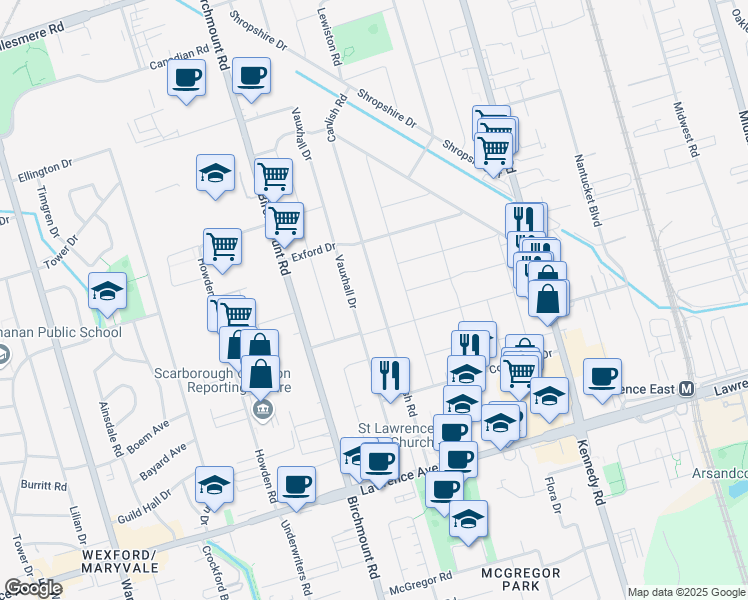 map of restaurants, bars, coffee shops, grocery stores, and more near 92 Canlish Road in Toronto