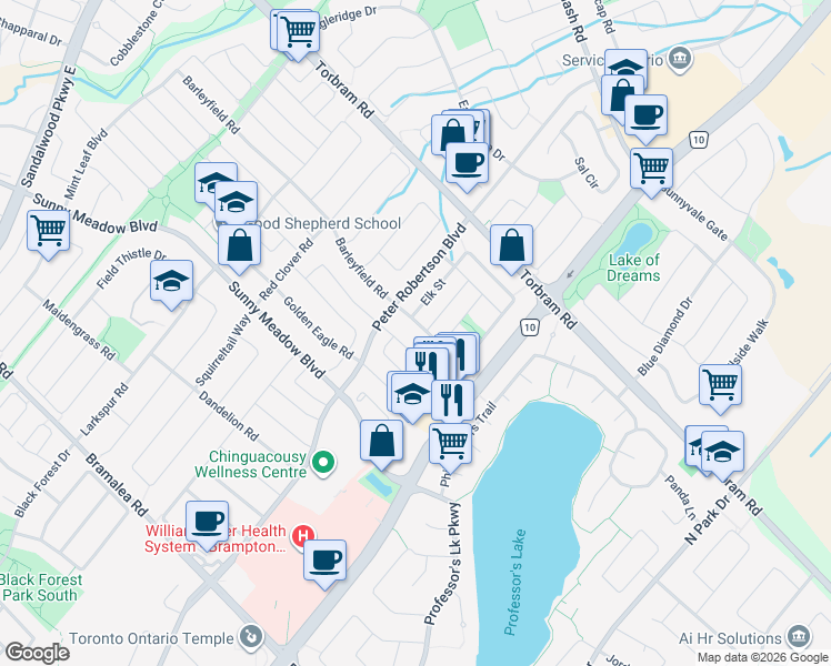 map of restaurants, bars, coffee shops, grocery stores, and more near in Brampton