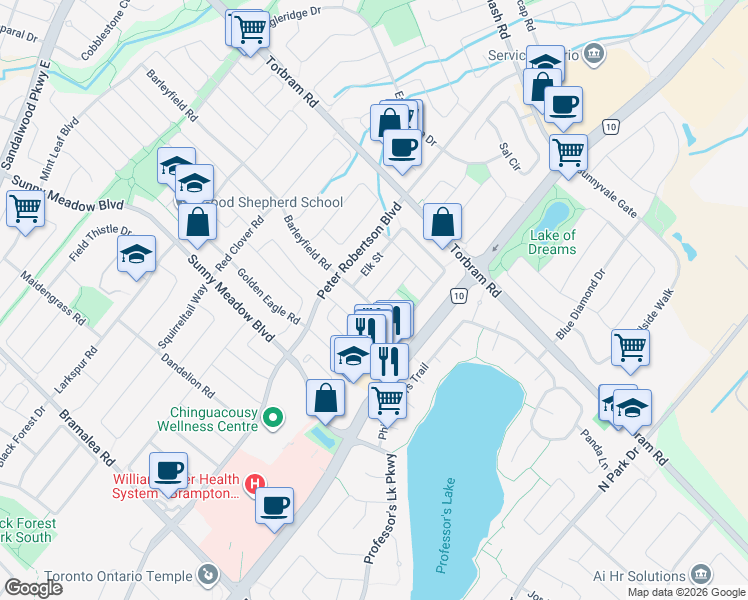 map of restaurants, bars, coffee shops, grocery stores, and more near 40 Clover Bloom Road in Brampton