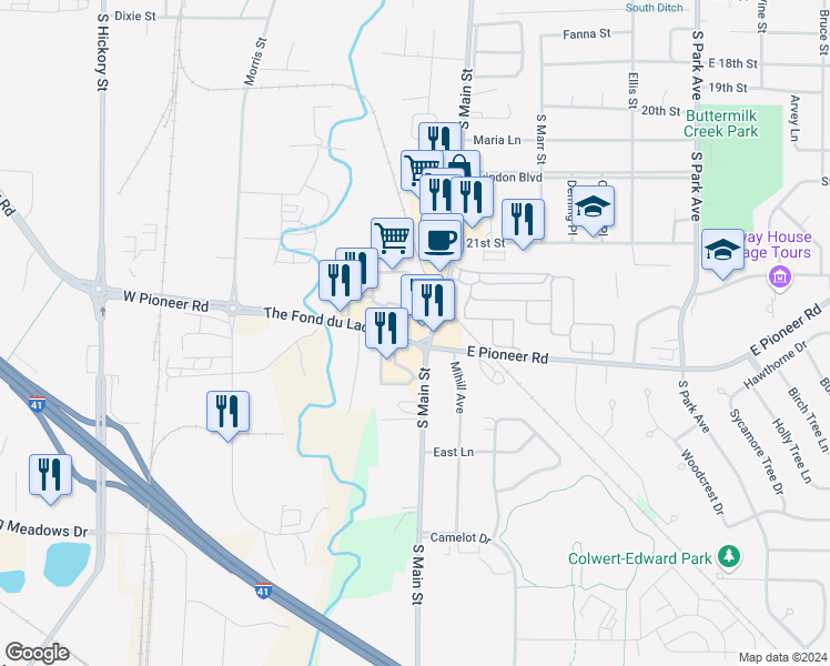 map of restaurants, bars, coffee shops, grocery stores, and more near 65 W Pioneer Rd in Fond du Lac
